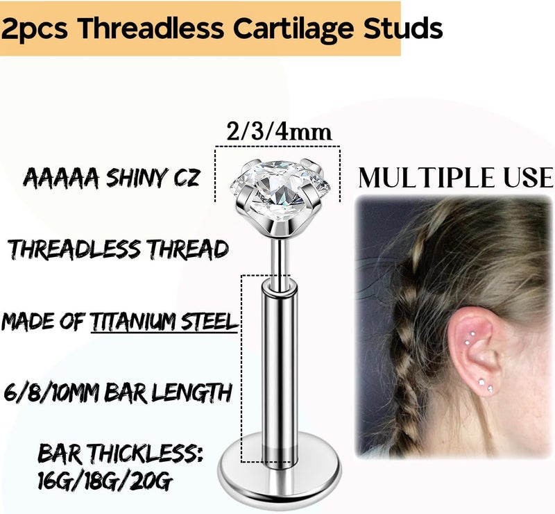 PunkTracker 16g/18g/20g Titanium Steel Threadless Flat Back Cartilage Earrings for Helix/Tragus/Conch/Daith/Earlobe - Nose Studs Lip Rings Labret Monroe Piercing Jewelry for Women Men 2PCS - Image 2